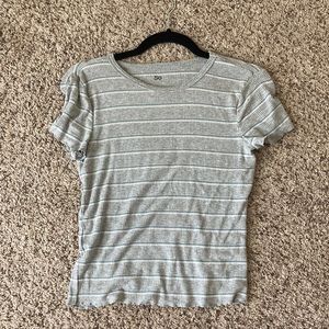 Grey, blue, and white shirt size small tight fit.